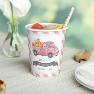 Pink Pumpkin Truck Gingham Girl 1. Geburtstag Pappbecher