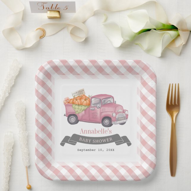 Pink Pumpkin Truck Gingham Girl Babydusche Pappteller (Hochzeit)