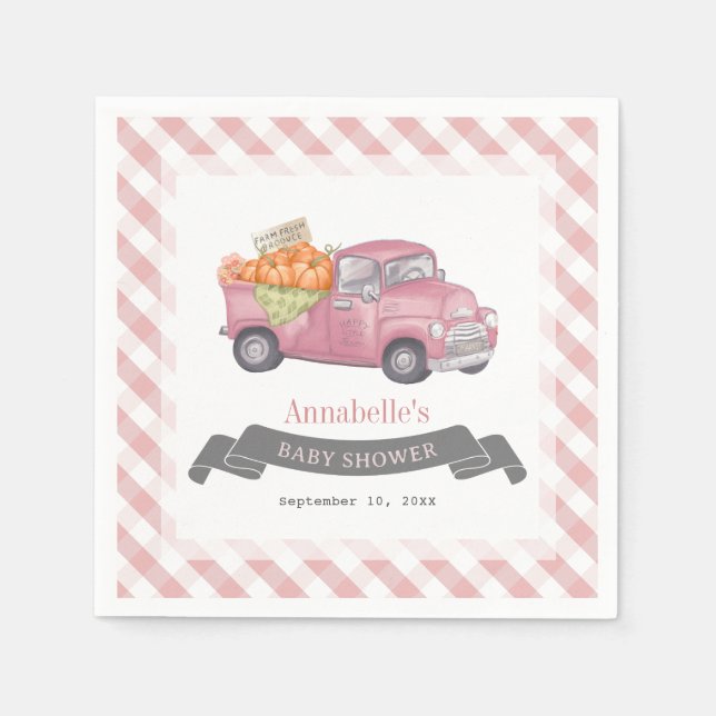 Pink Pumpkin Truck Gingham Girl Babydusche Serviette (Vorderseite)