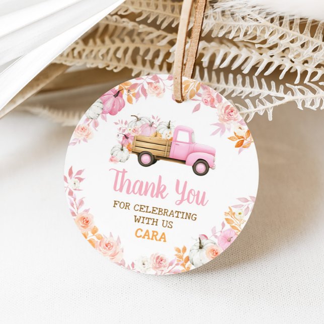 Pink Pumpkin Truck Herbst Geburtstag Runde Geschenkanhänger (Girl Pumpkin Truck Fall Birthday Round Favor Tags)