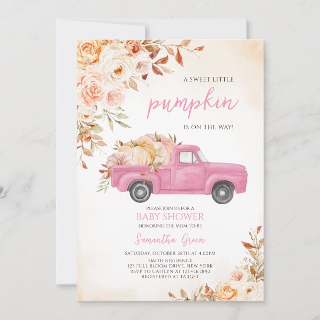 Pink Pumpkin Truck Kinderdusche Einladung (Vorderseite)