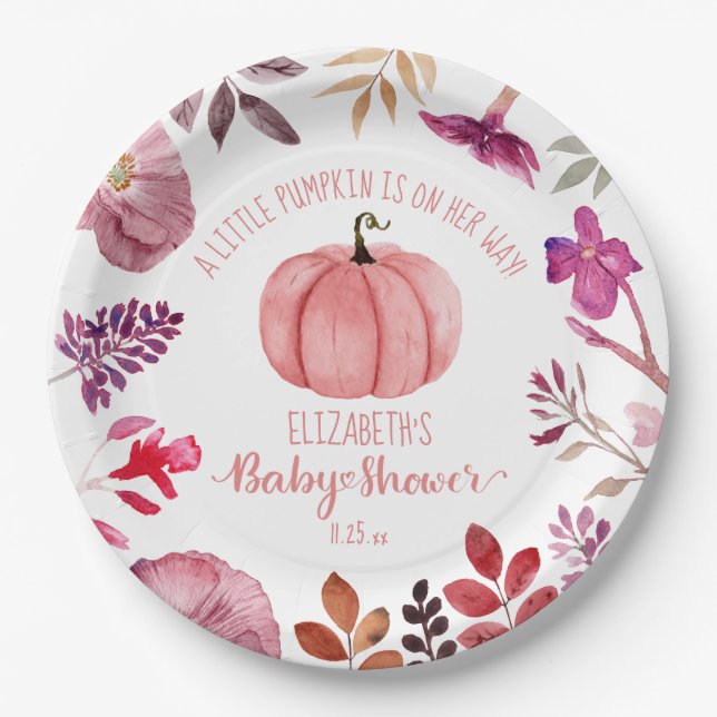 Pink Pumpkin und Blume Girl Baby Dusche Pappteller (Vorderseite)