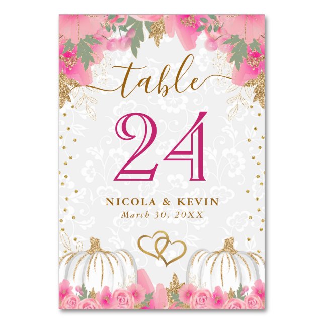 Pink Pumpkin und Blume Hochzeitskarte Tischnummer (Vorderseite)