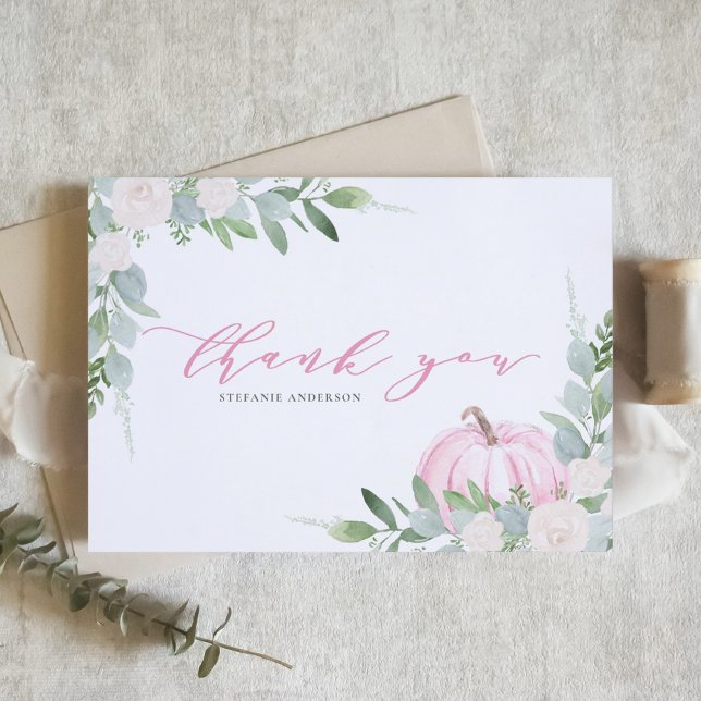 Pink Pumpkin und Greenery Herbst Babydusche Dankeskarte (Von Creator hochgeladen)