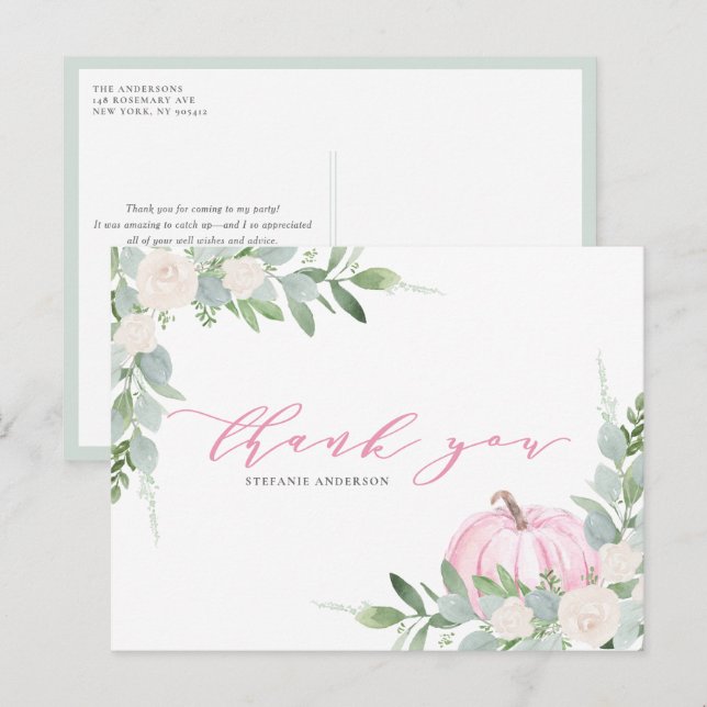 Pink Pumpkin und Grüne Herbst Danke Postkarte (Vorne/Hinten)
