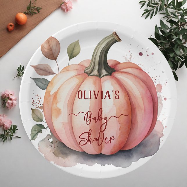 Pink Pumpkin Watercolor Boho Baby Girl Dusche Pappteller (Von Creator hochgeladen)