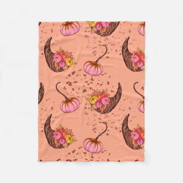 Pink Pumpkin with Autumn Leaves and Horns Fleecedecke (Vorderseite)