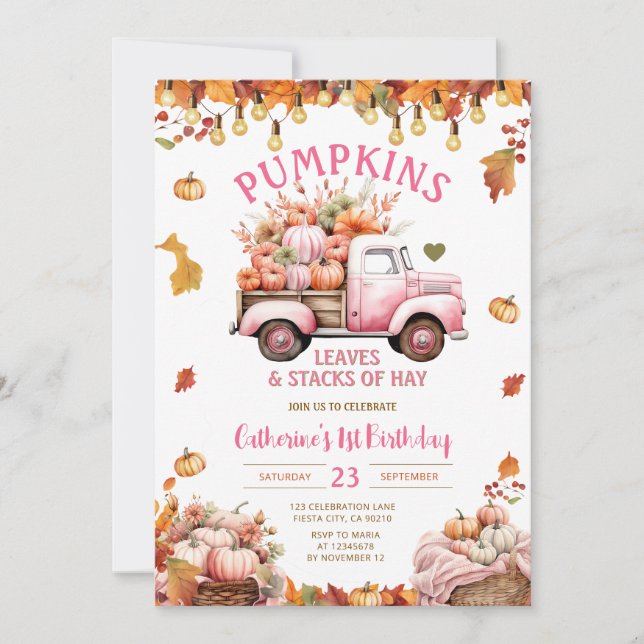 Pink Pumpkins Blätter und Stapel von Hay Birthday Einladung (Vorderseite)