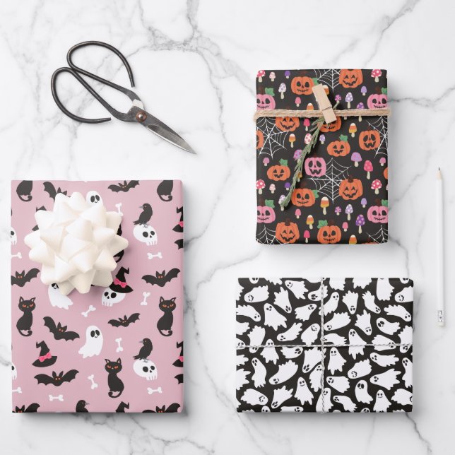 Pink Pumpkins Ghosts Halloween Patterns Geschenkpapier Set (Vorderseite)