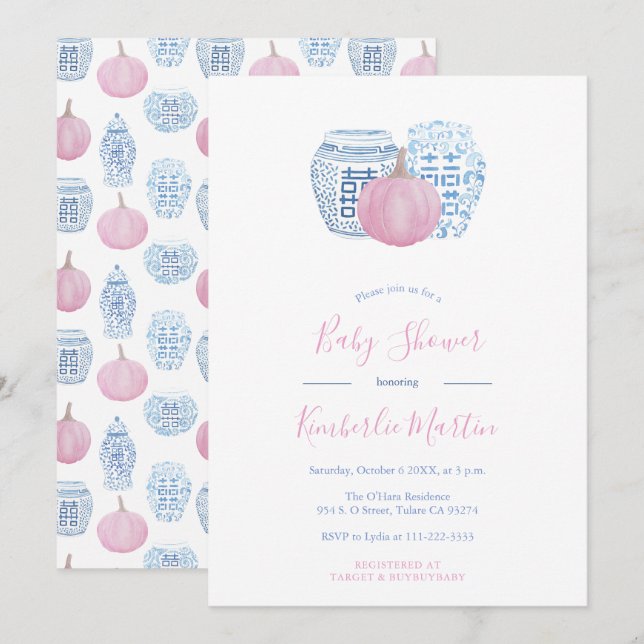 Pink Pumpkins Preppy Little Girl Baby Dusche Einladung (Vorne/Hinten)