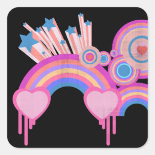 Pink Punk Regenbogen Sterne und Spiralen Quadratischer Aufkleber