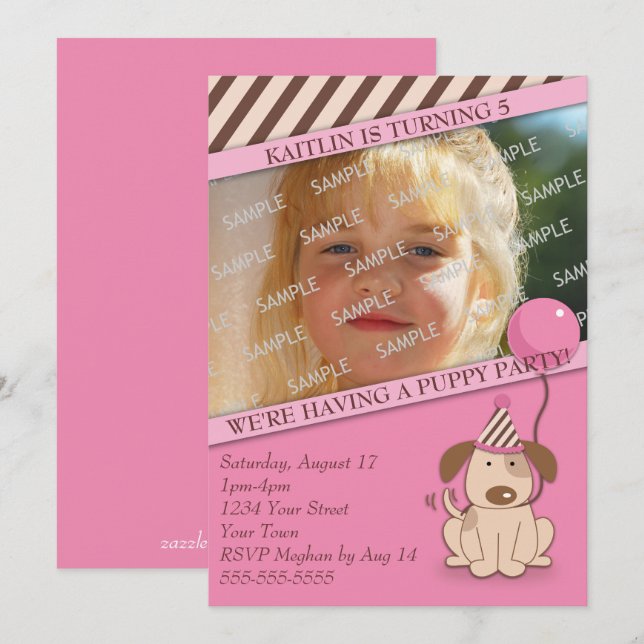 Pink Puppy Party Fotoplasma Einladung (Vorne/Hinten)