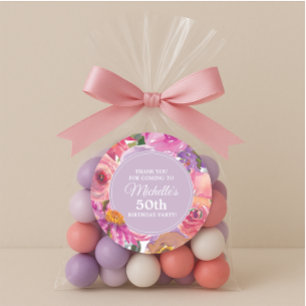 Pink Purple Blumen 50. Geburtstagsparty Danke Runder Aufkleber