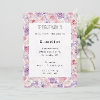 Pink Purple Blush Flowers Hearts Birthday Einladung