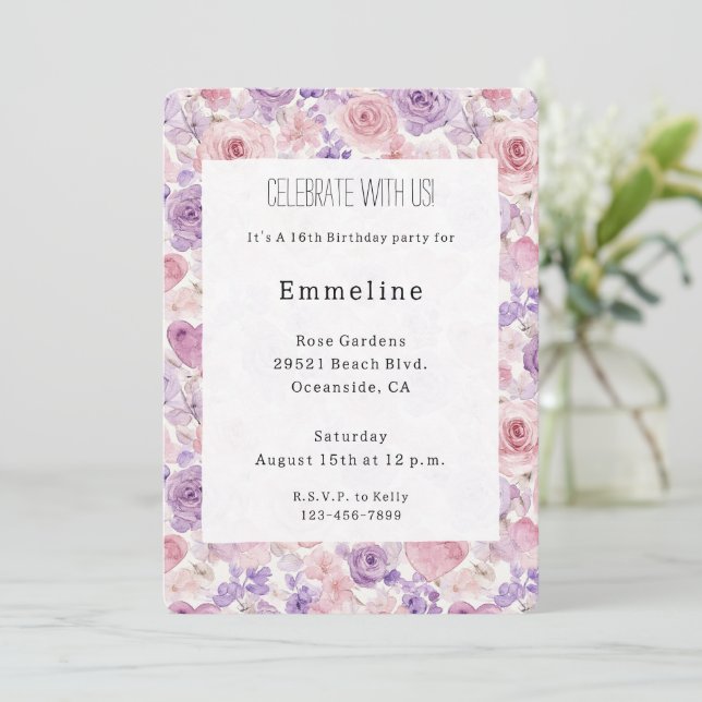 Pink Purple Blush Flowers Hearts Birthday Einladung (Stehend Vorderseite)