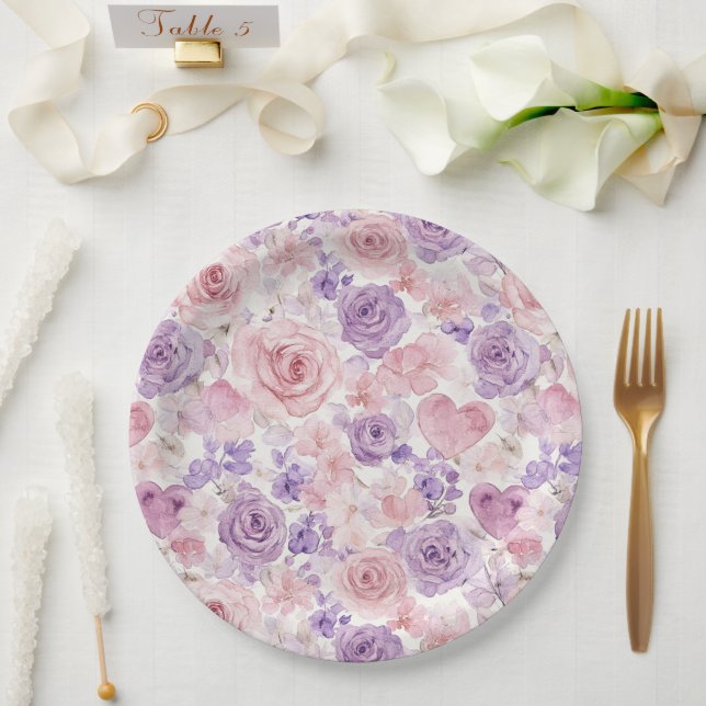 Pink Purple Blush Flowers Hearts Bridal Shower Pappteller (Hochzeit)