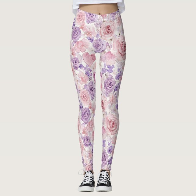 Pink Purple Blush Flowers Hearts  Leggings (Vorderseite)