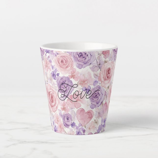 Pink Purple Blush Flowers Hearts Milchtasse (Vorderseite)