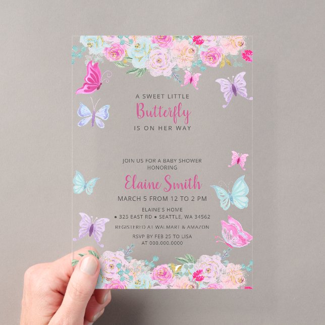 Pink Purple Butterfly Baby Shower  Acryleinladungen (Insitu (Handheld))