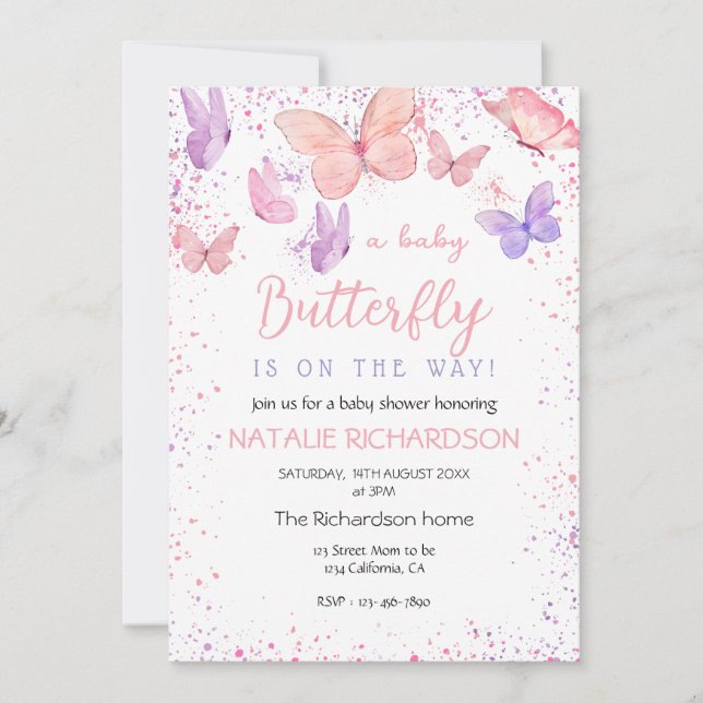 Pink Purple Butterfly Baby Shower  Einladung (Vorderseite)