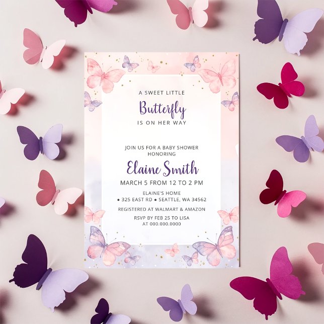 Pink Purple Butterfly Baby Shower  Einladung (Pink Purple Butterfly Baby Shower Invitation)