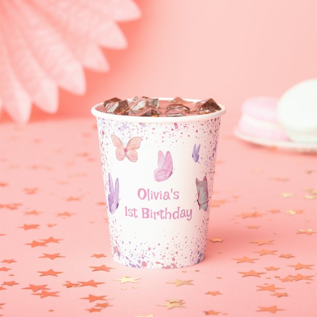 Pink Purple Butterfly Birthday Pappbecher (Insitu)