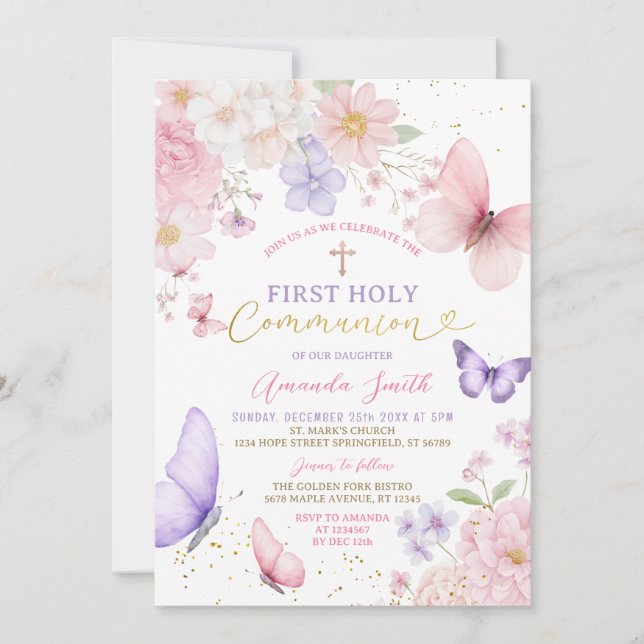 Pink Purple Butterfly Girl First Holy Communion Einladung (Vorderseite)