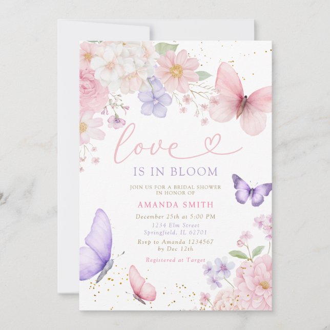Pink Purple Butterfly Love In Bloom Bridal Shower Einladung (Vorderseite)