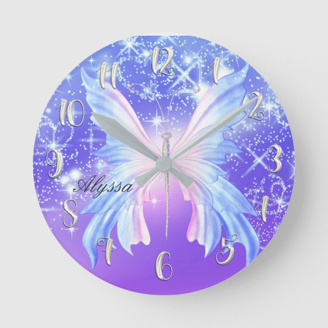 Pink Purple Butterfly Sparkle Girly Personalized Runde Wanduhr (Vorderseite)