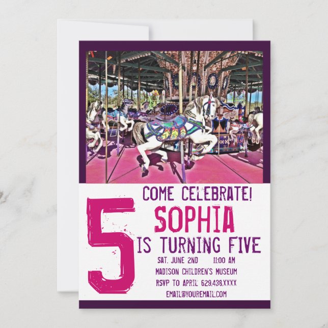 Pink Purple Carousel Cheval Invitations d'annivers (Devant)