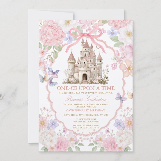 Pink Purple castle Butterflies Royal 1st Birthday  Einladung (Vorderseite)