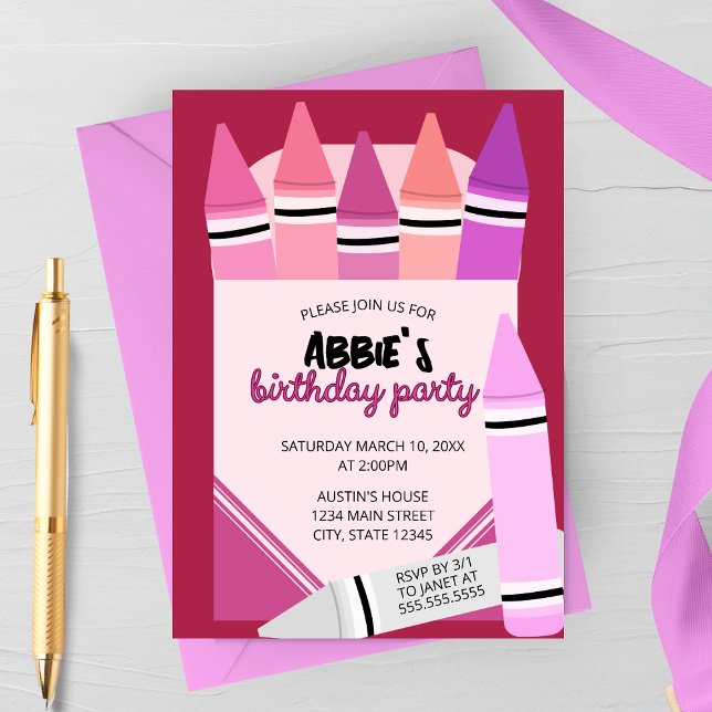 Pink & Purple Crayon Box Birthday Party Invitation Einladung (Von Creator hochgeladen)