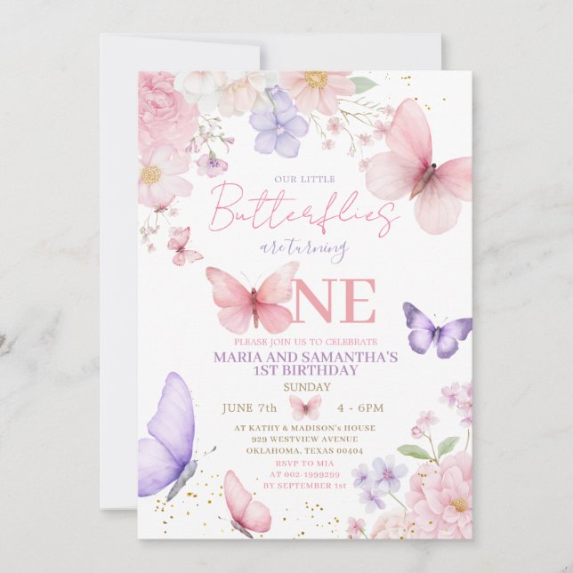 Pink Purple Cute Butterfly Twin Girl 1st Birthday Einladung (Vorderseite)