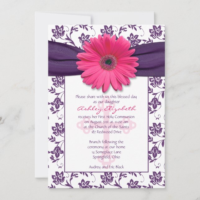 Pink Purple Daisy Première communion Invitation (Devant)