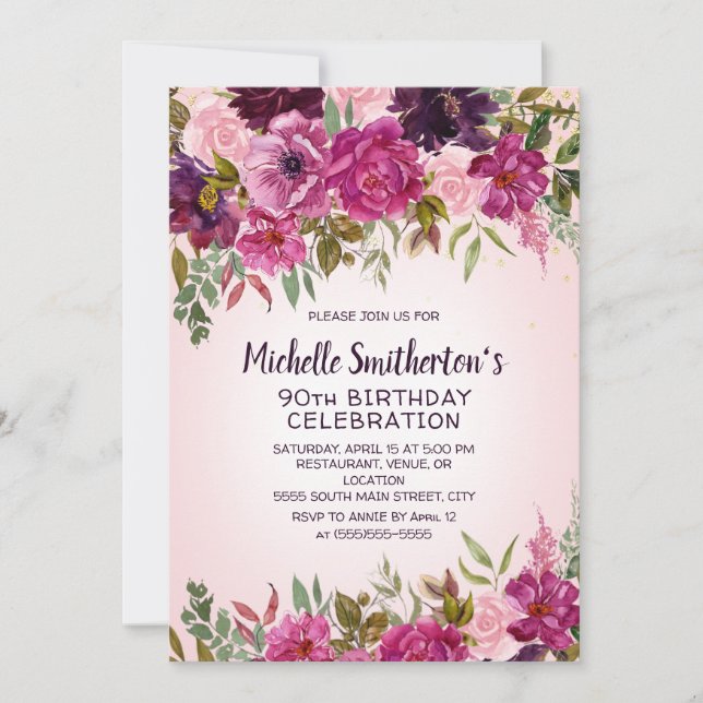 Pink Purple Floral 90e anniversaire Invitation (Devant)