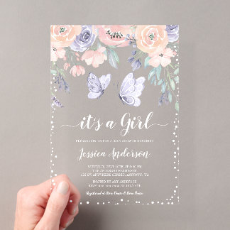 Pink Purple Floral Butterfly Girl Baby Shower Acryleinladungen
