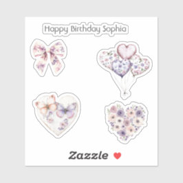 Pink Purple Floral Heart Balloons Birthday Aufkleber