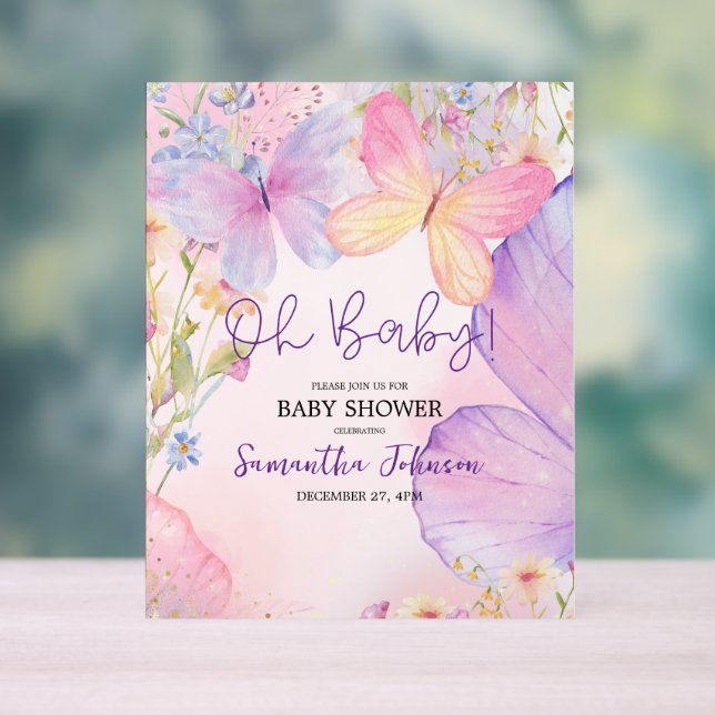 Pink Purple Floral Oh Baby Butterfly Baby shower (Neutre)