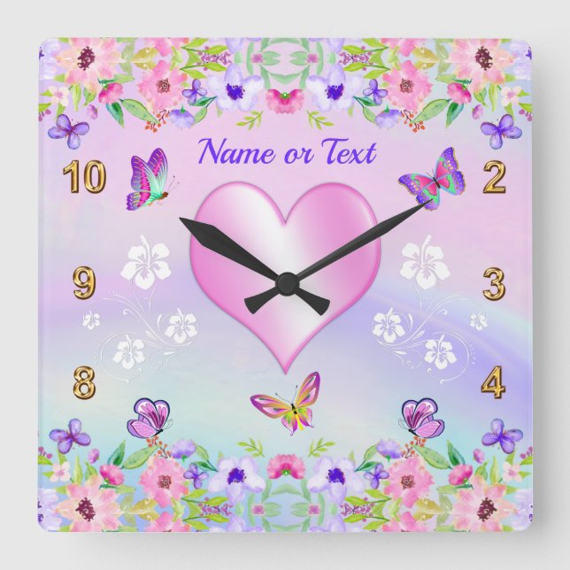 Pink, Purple, Flowers, Butterflies Clock with Name Quadratische Wanduhr (Vorderseite)