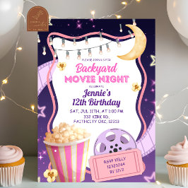 Pink Purple Girl Backyard Movie Night Birthday Einladung