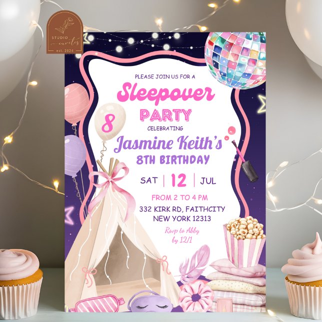 Pink Purple Girl Sleepover Birthday Einladung (Von Creator hochgeladen)