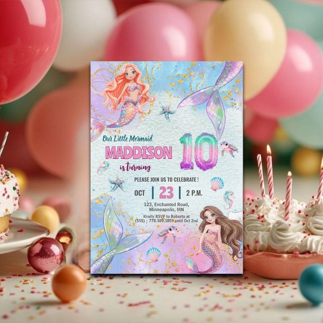 Pink Purple Glitter Mermaids 10th Birthday Party Einladung (Von Creator hochgeladen)