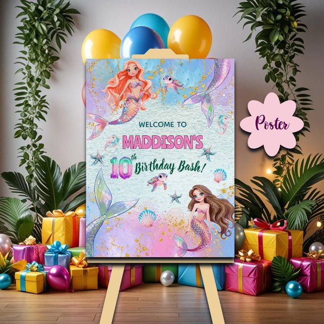 Pink Purple Glitter Mermaids 10th Birthday Welcome Poster (Von Creator hochgeladen)