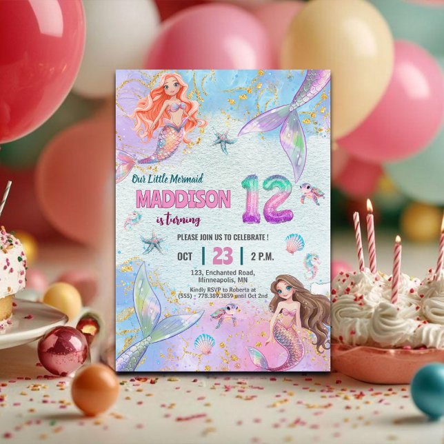 Pink Purple Glitter Mermaids 12th Birthday Party Einladung (Von Creator hochgeladen)