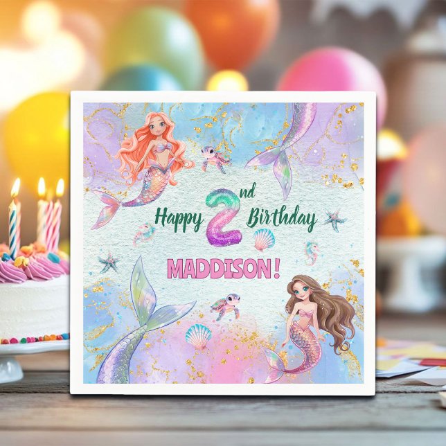 Pink Purple Glitter Mermaids 2nd Birthday Party Serviette (Von Creator hochgeladen)