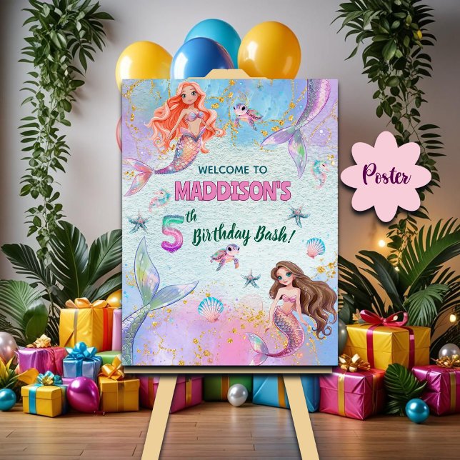 Pink Purple Glitter Mermaids 5th Birthday Welcome Poster (Von Creator hochgeladen)