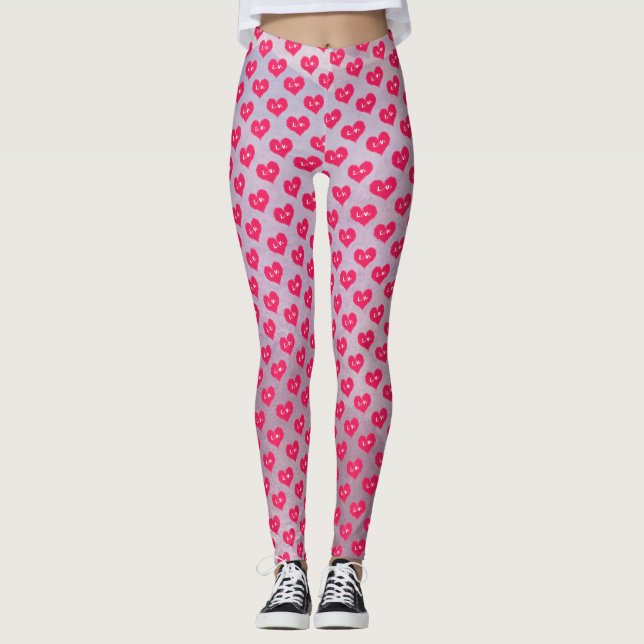 Pink Purple Hearts Motif Saint Valentin Leggings (Devant)