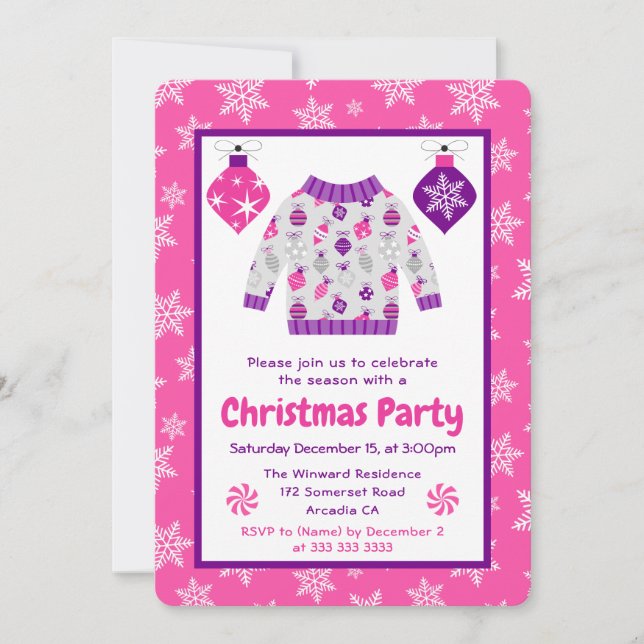 Pink Purple Ornaments Ugly Sweater Christmas Party Einladung (Vorderseite)