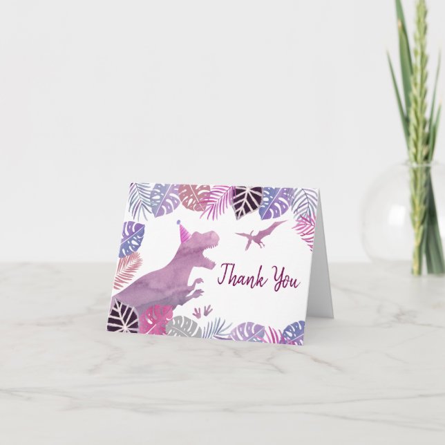 Pink Purple Three Rex Girl Dinosaur Birthday Dankeskarte (Vorderseite)
