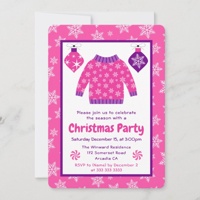 Pink & Purple Ugly Sweater Christmas Party Einladung (Vorderseite)